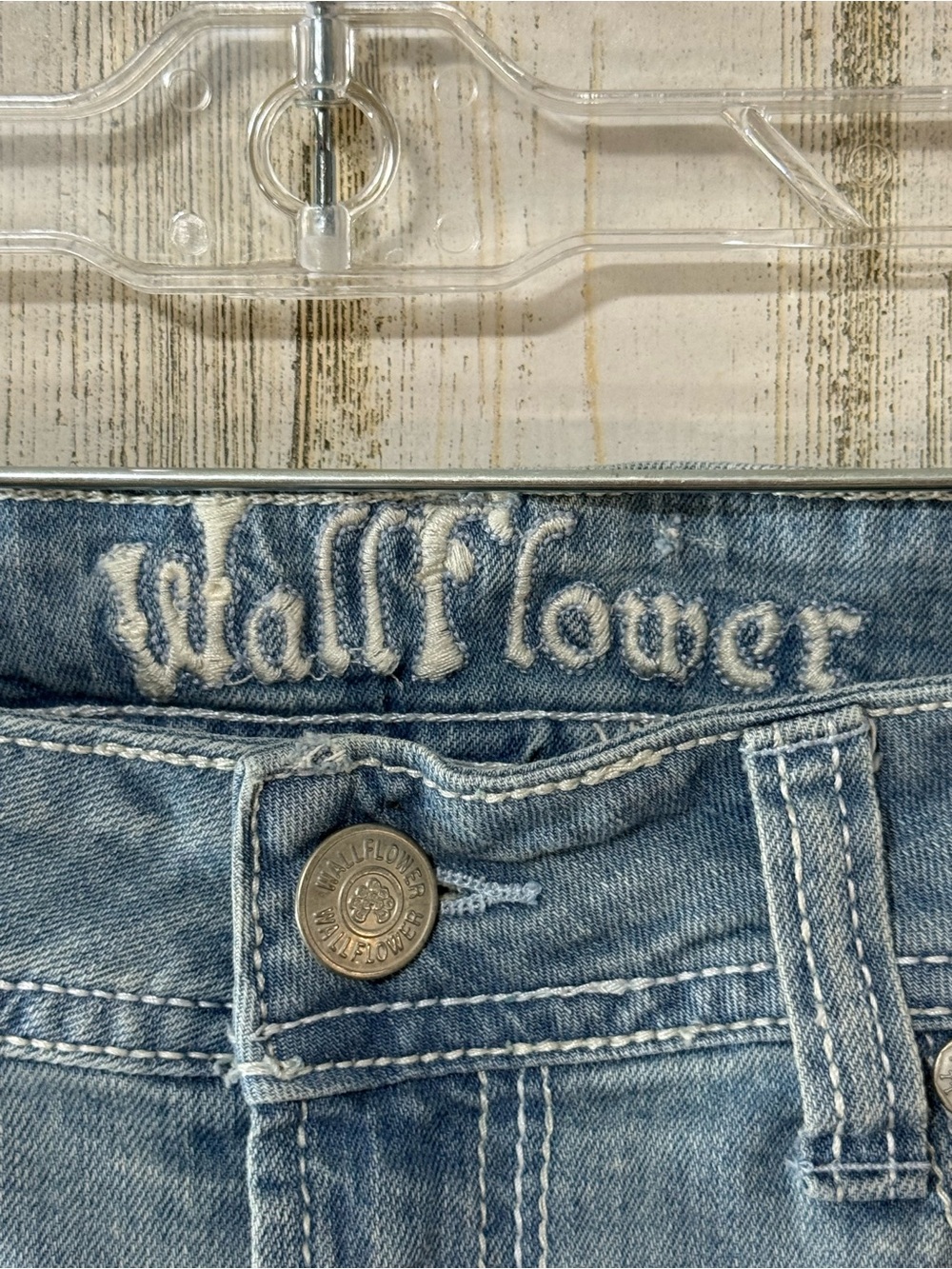 Wallflower Light Blue Washed Denim Mini Skirt with Frayed Hem - Picture 2 of 9